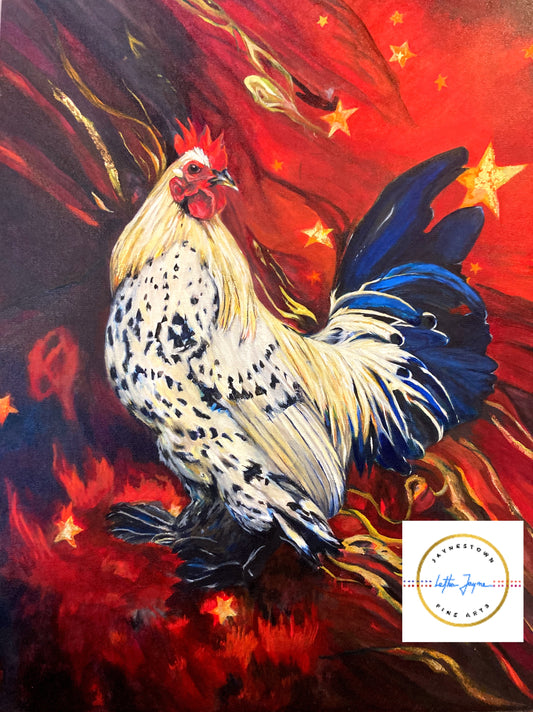 A banty rooster with boots on a bright red background, with stars spangling the sky. 