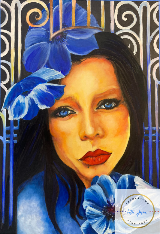 A beautiful girl with large, sad blue eyes, black hair, and red lips peers out. She has blue flowers framing her face and has a scrollwork background reminiscent of art deco. 